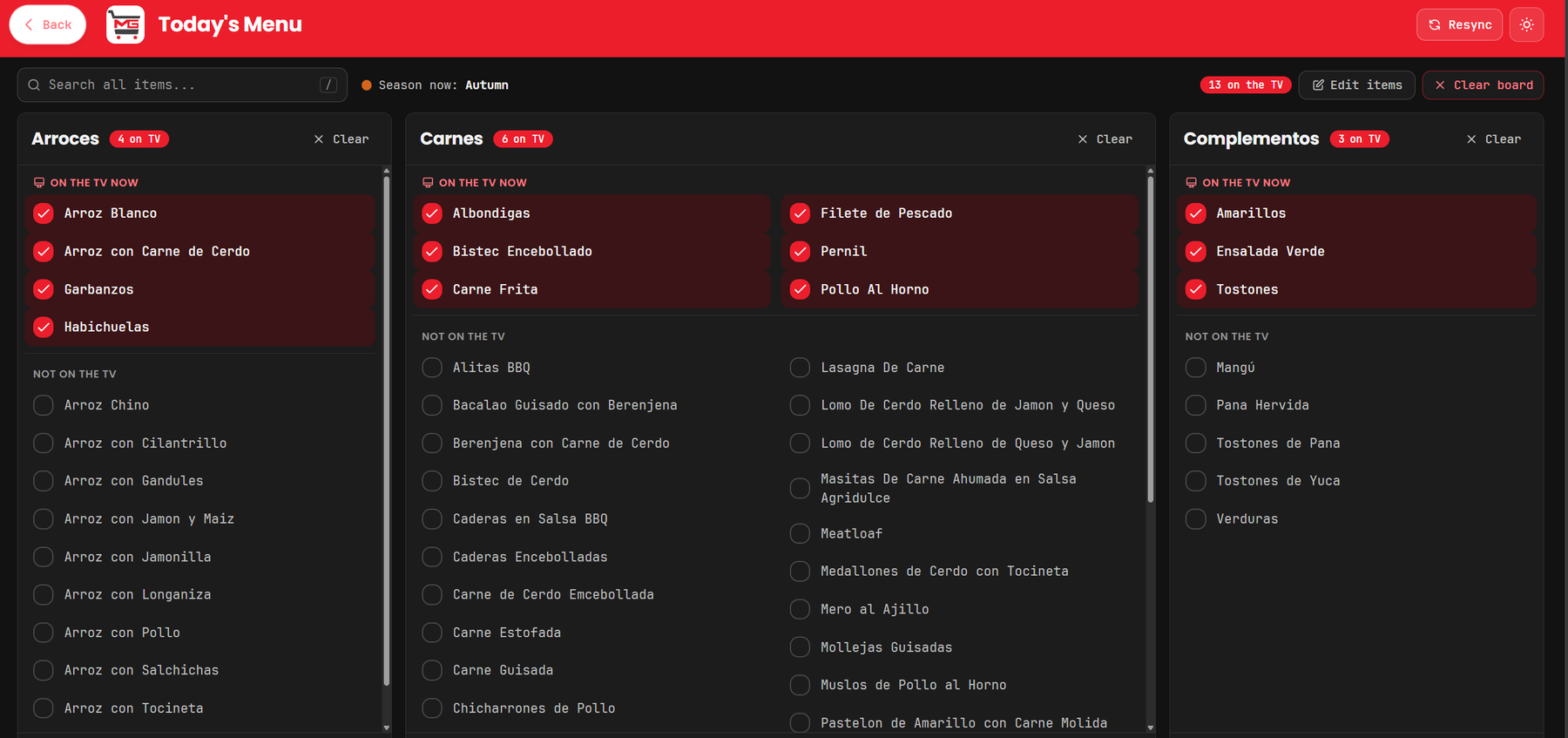 Cashier panel with three menu categories