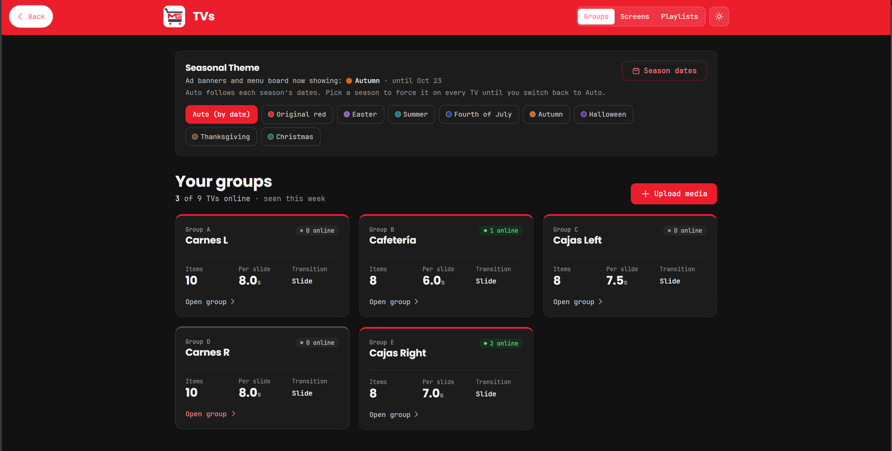 TV groups overview with the seasonal theme picker