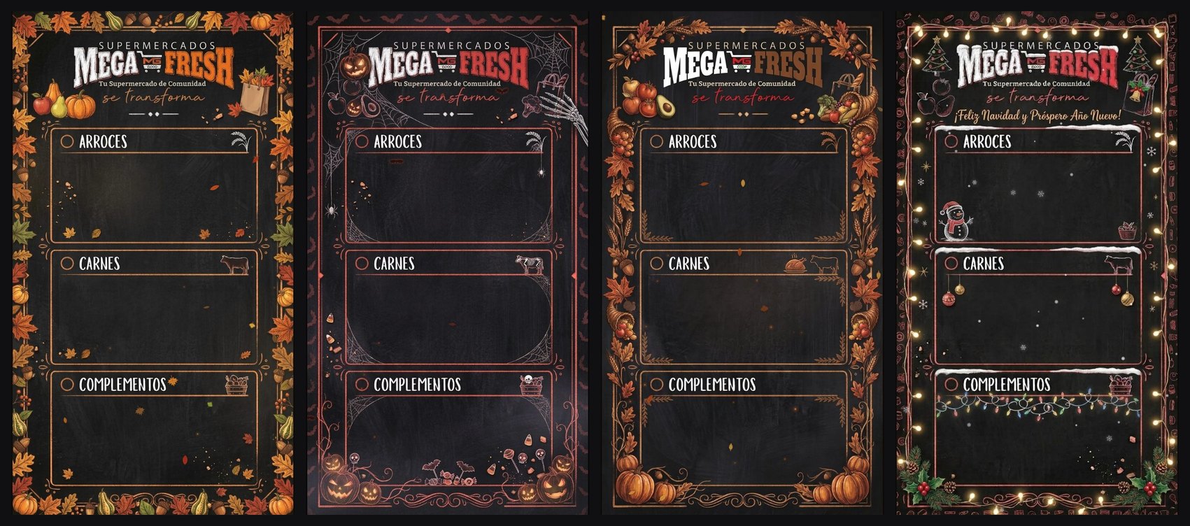 The menu board in its autumn, Halloween, Thanksgiving and Christmas themes